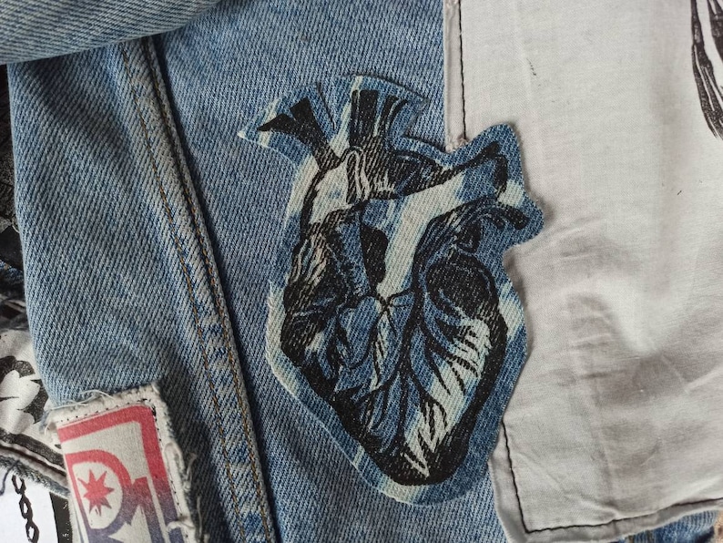 Anatomical Heart Printed Patch on Bleached Denim with a Raw Edge Iron on Patch Denim Patch Punk Gift Body Part Patch Patch