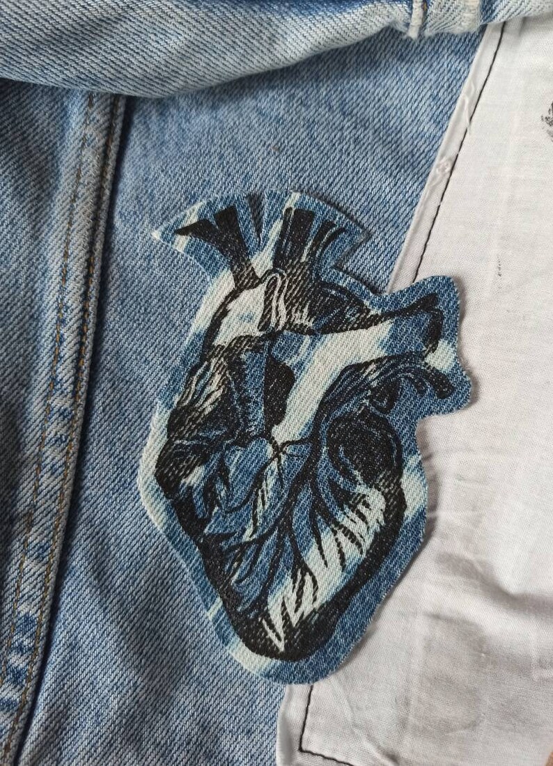 Anatomical Heart Printed Patch on Bleached Denim with a Raw Edge Iron on Patch Denim Patch Punk Gift Body Part Patch Patch