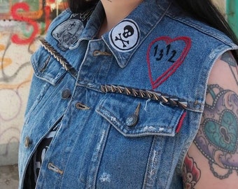 Custom Punk Denim Vest with Studs, Patches \u0026 Hand Embroidery Snake Back Piece, DIY Punk, Jean Jacket, Punk Style, Grunge, Goth, Crust Punk