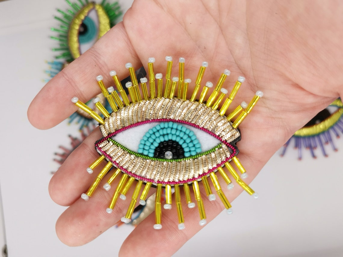 Brooch Eyes Beads Evil Eye Brooch Embroidery Heart Large Etsy