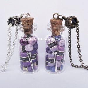 purple knit necklace, gift for knitter, knitters necklace, knit in bottle, knitting christmas, yarn lover gift, knitters jewelry