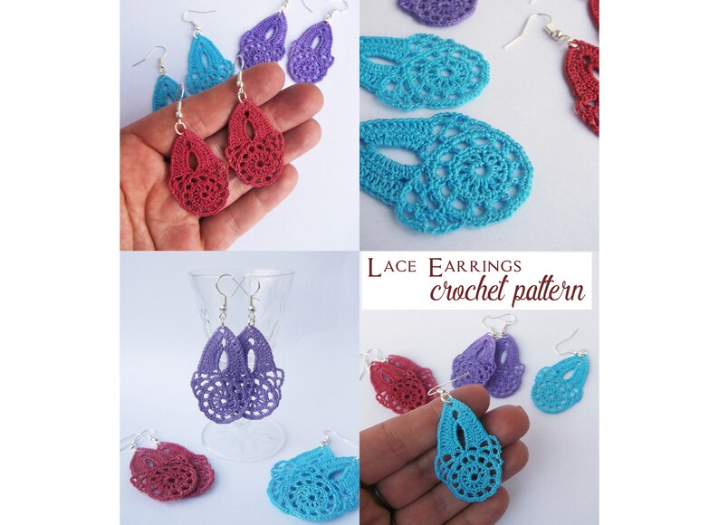 Puede incluir: Un collage de pendientes de encaje de ganchillo hechos a mano en varios colores, incluyendo rojo, azul y morado. Los pendientes tienen forma de l&aacute;grima y se muestran sobre un fondo blanco. El texto "Lace Earrings crochet pattern" tambi&eacute;n es visible.