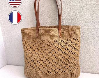 Crochet Raffia Tote Bag Pattern: Shell Stitch Texture, Leather Straps (PDF Pattern)