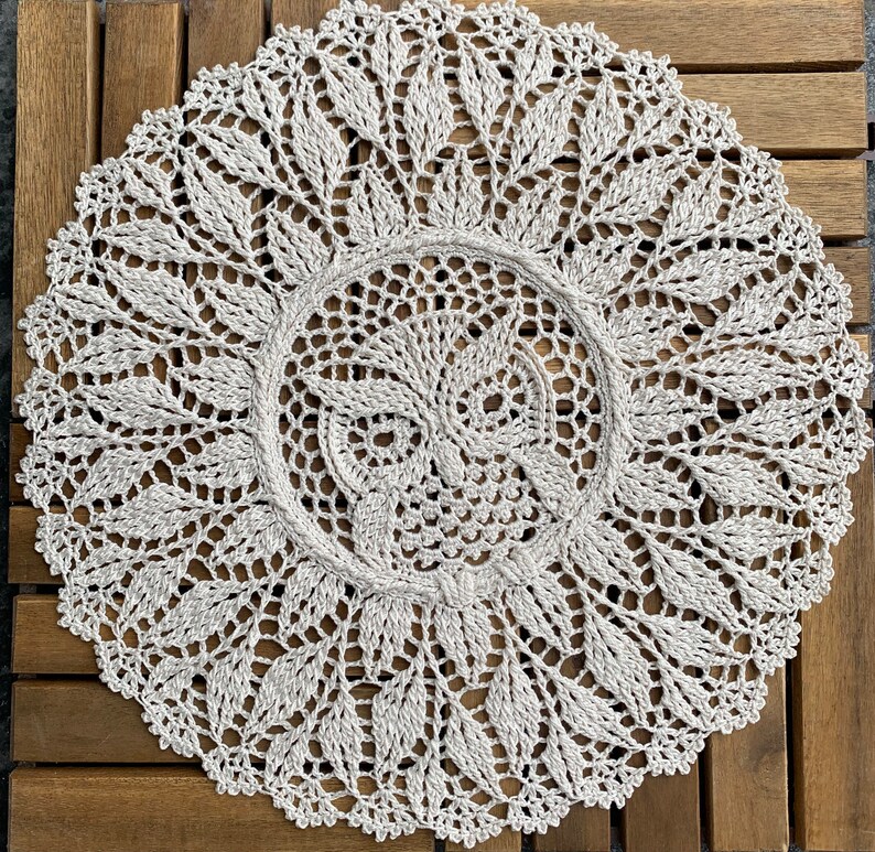 Crochet doily handmade Owl, Textured Dreamcatcher Wall Hanging Mandala Table decor, Halloween crochet very light gray