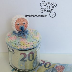 Prezent ze szkła na pieniądze, pakowanie prezentów, pakowanie bonów, pomysł na prezent ze szkła, chrzest, narodziny, dziecko, prezent na narodziny, amigurumi