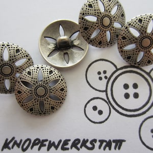 5 metal buttons 20 mm, buttons, traditional buttons, dirndl buttons, domed, openwork, metal button, floral motif, delicate blossom, silver, shank button