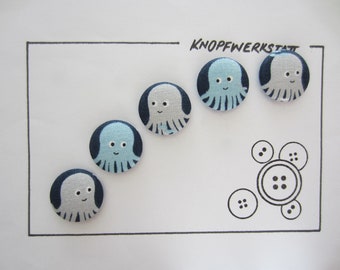 5 fabric buttons SQUID 23 mm, buttons, children's buttons, fabric buttons, button, sewing button, craft button, jellyfish, children's clothing, bed linen