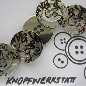 5 metal buttons 23 mm, jacket button, traditional buttons, buttons, silver-black, pattern, writing, comic, 4 hole button, silver-black, flat