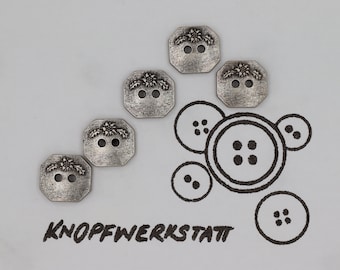 5 boutons en plastique 13 x 14 mm, boutons synthétiques, boutons traditionnels, boutons, bouton 2 trous, edelweiss, bouton chemisier, bouton enfant, argent, carré