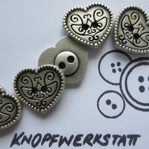5 metal buttons 18 x 20 mm, traditional buttons, dirndl buttons, children&#39;s buttons, metal button, heart shape, 2-hole button, silver-black with delicate pattern
