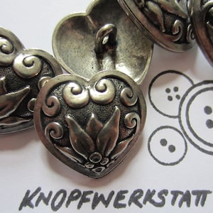 5 metal buttons 27 x 27 mm, buttons, traditional buttons, large buttons in heart shape with edelweiss motif, shank button, coat button, silver-black