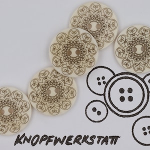 5 horn buttons 18 mm or 23 mm, traditional buttons, buttons with filigree pattern, 2-hole button, jacket button, flower motif, natural product, beige