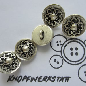 5 metal buttons 18 mm, button, traditional buttons, silver, humpback button, buttons, blouse button, metal button, flower motif, heart motif, shank button