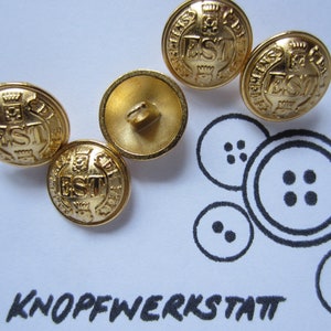 5 metal buttons 15 mm, buttons, traditional buttons, buttons, shank button, gold, shiny, domed, coat of arms, blouse button, uniform shirt, small button