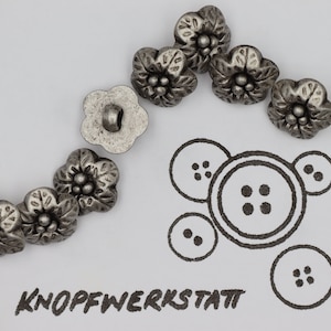 10 plastic buttons 8 and 15 mm, buttons, small traditional buttons, blouse buttons, children&#39;s buttons, shank button metal button, flower motif, antique silver
