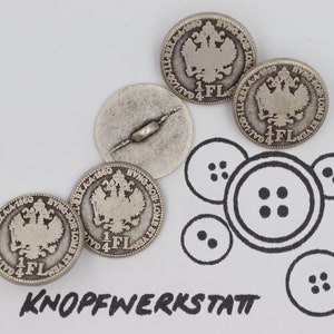 5 metal buttons, 20 mm, uniform buttons, jacket buttons, shank buttons. Silver, flat, double-headed eagle, coat of arms button, eagle motif, coin button