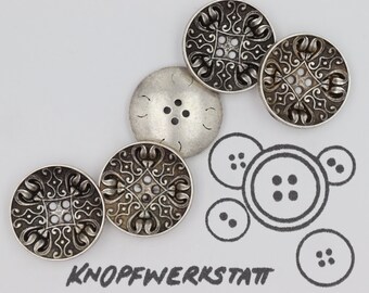 5 metallknappar 15, 18, 23 eller 28 mm, knappar, traditionella knappar, knappar, blusknapp, kavajknapp, metallknapp, blomma, 4-hålsknapp antik silver