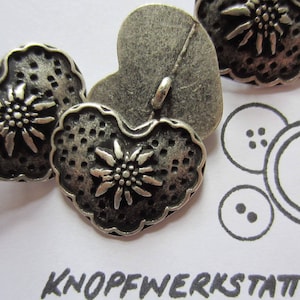 5 metal buttons 16 x 19 mm or 28 x 23 mm, buttons, traditional buttons, heart-shaped buttons with edelweiss motif, jacket button, shank button, dirndl button