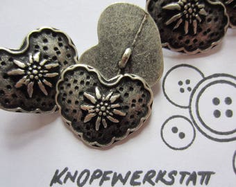5 metal buttons 16 x 19 mm or 28 x 23 mm, buttons, traditional buttons, heart-shaped buttons with edelweiss motif, jacket button, shank button, dirndl button