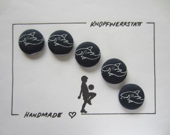 5 Stoffknöpfe 23mm, Buttons,Kinderknöpfe,Tasten,Schaltflächen,Stoffknopf,Stoffknöpfe,Knopf,Knöpfe,Sewing Button,Craft Button,Hai, shark