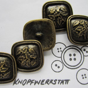 5 metal buttons 27 x 27 mm buttons, traditional buttons, buttons, shank button, curved, square, metal button, special shape, leaf motif, coat button