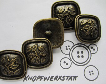 5 metal buttons 27 x 27 mm buttons, traditional buttons, buttons, shank button, curved, square, metal button, special shape, leaf motif, coat button