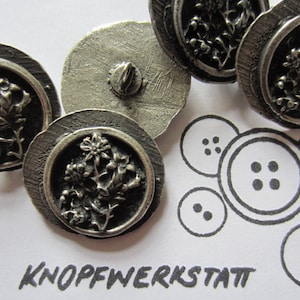 5 metal buttons 28 mm, buttons, traditional buttons, special buttons, shank button, metal button, flower motif, gentian motif, coat button, antique silver