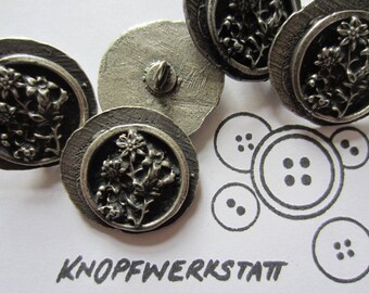 5 metal buttons 28 mm, buttons, traditional buttons, special buttons, shank button, metal button, flower motif, gentian motif, coat button, antique silver