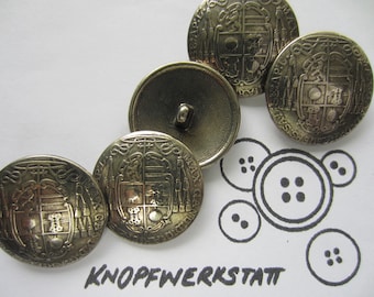 May include: Five antique gold-toned buttons with a detailed design featuring a coat of arms and the text "DOMINUS PROVIDEBIT".
