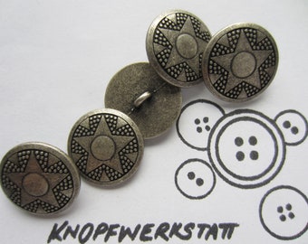 5 boutons en métal 15 mm ou 20 mm, boutons, boutons uniformes, boutons plats, bouton à queue, bouton en métal, motif étoile, bouton de veste, bouton de chemise