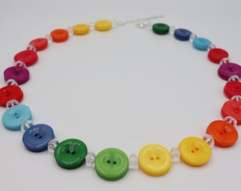 Kette, Knopfkette, Kette mit Perlen und Knöpfen, Knöpfe, Statementkette, necklace, chain, Button chain, bunte Kette, Regenbogenkette