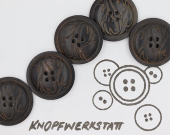 5 horn buttons, 23 mm, traditional buttons, slightly domed buttons, jacket buttons, natural material, brown, 4-hole button