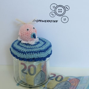 Prezent ze szkła na pieniądze, pakowanie prezentów, pakowanie bonów, pomysł na prezent ze szkła, chrzest, narodziny, dziecko, prezent na narodziny, amigurumi