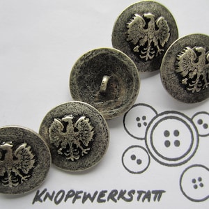 5 metal buttons 23 mm, buttons, jacket button, slightly curved, metal button, coat of arms motif with eagle, antique silver, shank button, uniform button