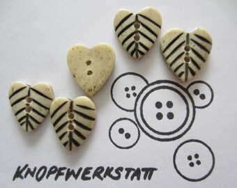 5 bone buttons 20 mm, buttons, traditional buttons, small leaf-shaped buttons, 2-hole button, bone button, heart motif, natural material, beige-brown