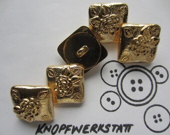5 metal buttons 14x14 or 20 x 20 mm, buttons, traditional buttons, square buttons, metal button, rose motif, gold, shank button, dirndl button