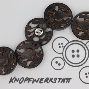 5 horn buttons 23 mm, buttons, traditional buttons, openwork buttons, shank button, horn button, natural material, brown, jacket button, flat