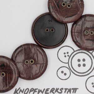 May include: Five brown leather buttons with two holes each. The buttons have a textured surface that resembles crocodile skin. The buttons are arranged in a semi-circle on a white background. The text "KNO PFWERKSTATT" is visible in the lower right corner of the image.