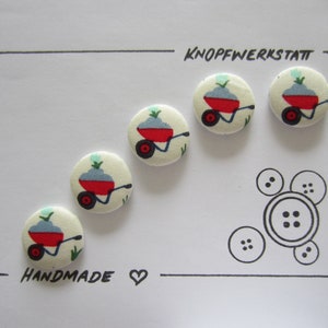 5 fabric buttons 23 mm, buttons, children&#39;s buttons, fabric buttons, buttons, button, craft button, garden, wheelbarrow, wheelbarrow, garden, children&#39;s jacket