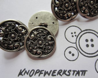 5 boutons en métal 15 mm, 20 mm, 23 mm ou 28 mm, boutons, boutons traditionnels, bouton à queue, boutons de veste, bouton en métal, motif fleur, argenté, plat