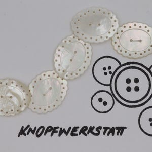Peut inclure: Plusieurs boutons blancs ovales à bord festonné et deux trous, accompagnés d'une illustration en noir et blanc de différents modèles de boutons. Le texte "KNOPFWERKSTATT" est écrit en noir en bas.