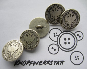 May include: Four silver-toned buttons with a design of a double-headed eagle and the text "1 FL" on each button. The buttons are arranged in a circle on a white background with a drawing of buttons in the center.