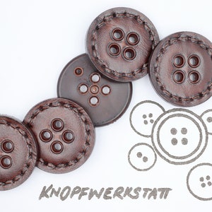 Könnte beinhalten: Fünf braune Lederknöpfe mit Nähten an den Rändern. Jeder Knopf hat vier Löcher. Die Knöpfe sind in einem Halbkreis angeordnet. Das Wort "KNOPFWERKSTATT" steht in Grau unter den Knöpfen.