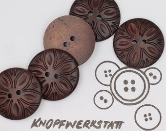 5 horn buttons 15, 18, 23 or 28 mm, buttons, traditional buttons, jacket buttons, floral motif, horn button, natural material, 2 hole button, brown
