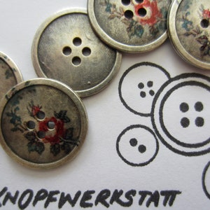 6 metal buttons 23 mm, buttons, traditional buttons, buttons, silver with rose motif, metal button, flower, jacket button, dirndl, 4 hole button, flat