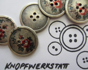 6 metallknappar, 23 mm, traditionella knappar, silver med rosenmotiv, metallknapp, blomma, kavajknapp, dirndlknapp, 4-hålsknapp, platt