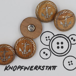 5 wooden buttons 20 mm, buttons, wooden buttons, button, buttons, sewing button, craft button, wooden button, traditional buttons, anchor, natural material