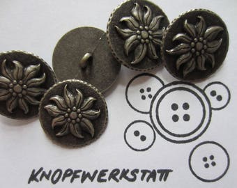 5 metal buttons 23 mm, button, traditional buttons, buttons, shank button, edelweiss motif, dirndl button, jacket button, silver-black