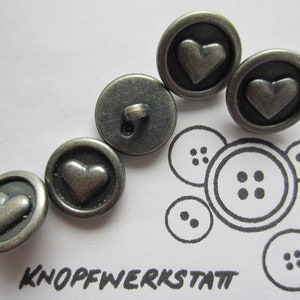 5 plastic buttons 12, 14 or 18 mm, synthetic buttons, traditional buttons, children&#39;s buttons, heart motif, blouse button, silver, matt, shank button