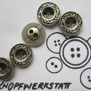 5 metal buttons, 12 mm or 15 mm, buttons, traditional buttons, small buttons, children&#39;s buttons, blouse buttons, flat buttons with rim, 2-hole buttons, silver